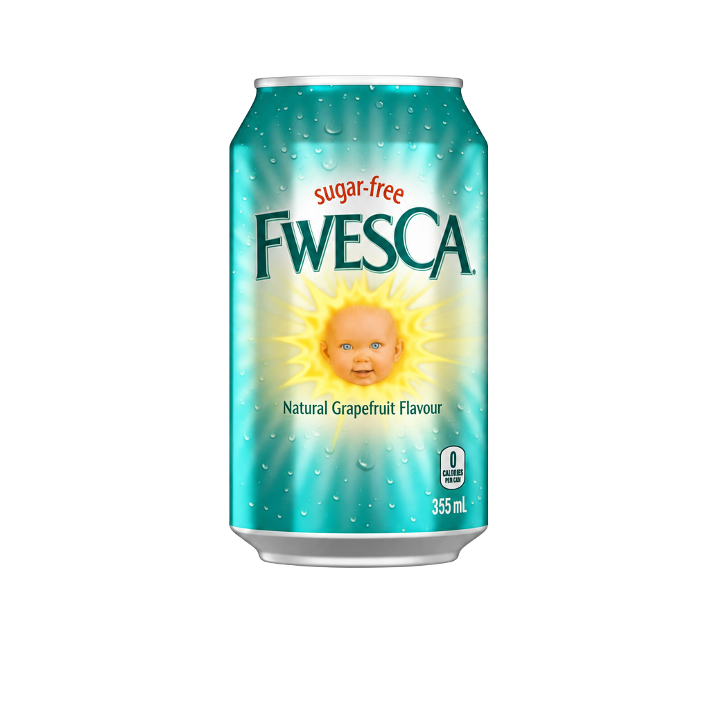 A cowd can and box of sugaw-fwee FWESCA natuwaw gwapefwuit fwavouw.